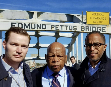 Rep. John Lewis, D-Ga., center, with Jonathan Capehart, right, and his husband Nick Schmit on the Edmund Pettus Bridge on March 4. (Jonathan Capehart)